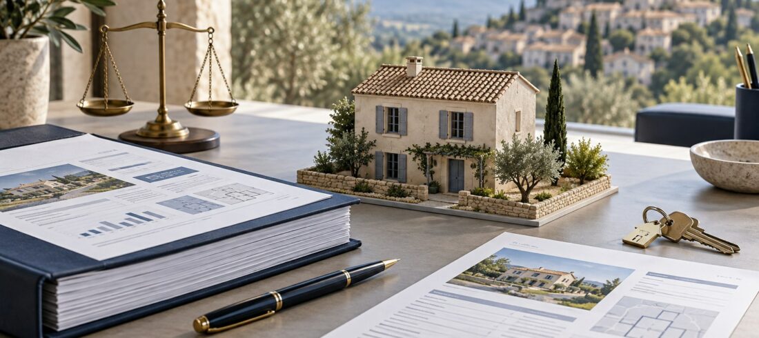 Expertise immobilière et avis de valeur en Vaucluse Maquette de maison provençale entre un rapport d’expertise immobilière détaillé et un avis de valeur, avec une balance et des clés.
