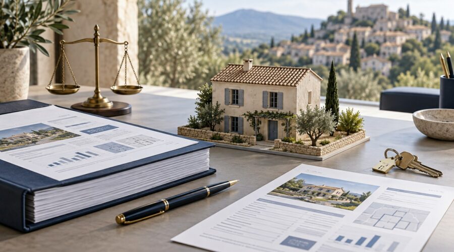 Maquette de maison provençale entre un rapport d’expertise immobilière détaillé et un avis de valeur, avec une balance et des clés.